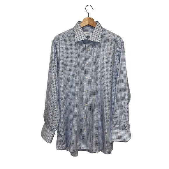 Eton Blue Patterned 100% Cotton Long Sleeve Button-Up Shirt Men's 43- 17 - Picture 1 of 10